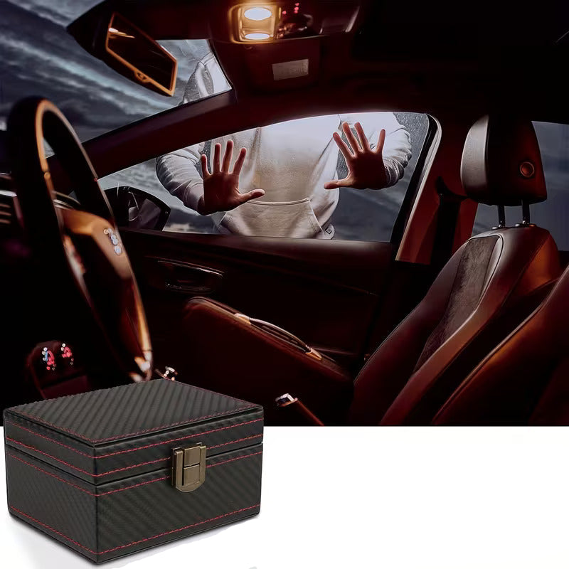 Car interior with a person inside, a black key storage box in the foreground, and text about preventing key cloning.